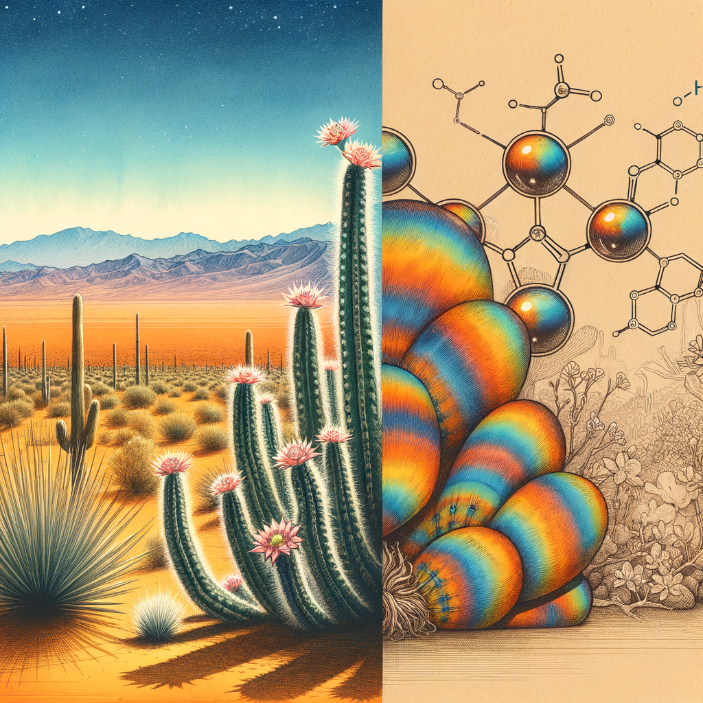 A split landscape featuring a vibrant desert scene with peyote cacti on one side and a serene psychedelic environment with ketamine's molecular structure on the other