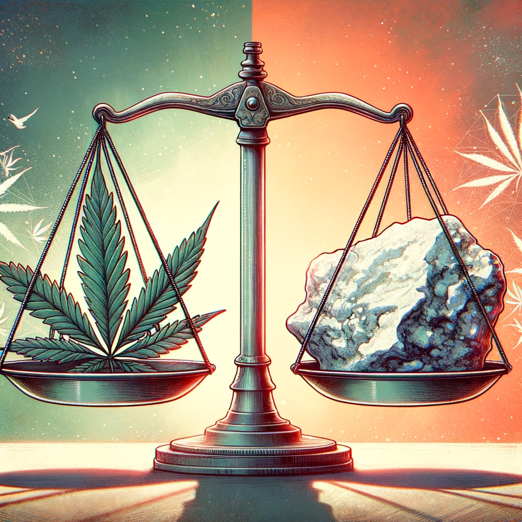 An artistic scale balancing a cannabis leaf on one side and a crack cocaine rock on the other