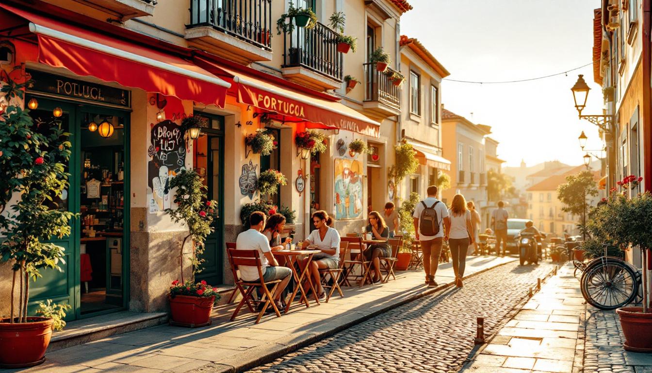 A photograph of a vibrant street scene in portugal that showcases the country's lively culture and community